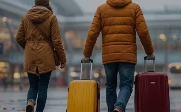 Paar im Herbst auf dem Weg zum Flughafen mit Rollkoffern