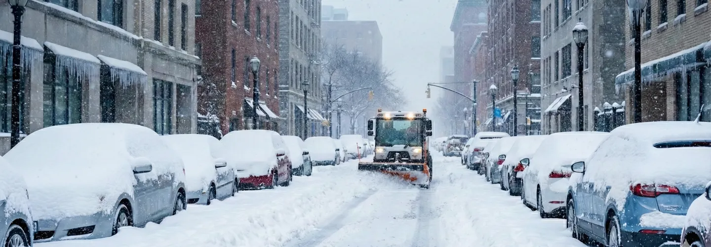 Verschneite Autos parken am Straßenrand während ein Schneepflug die Straße räumt.