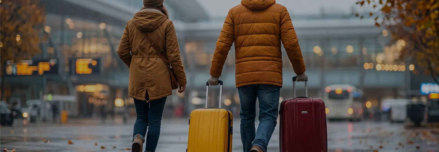 Paar im Herbst auf dem Weg zum Flughafen mit Rollkoffern