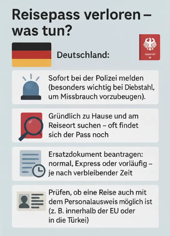 Infografik mit Tipps, was in Deutschland bei Verlust des Reisepasses zu tun ist