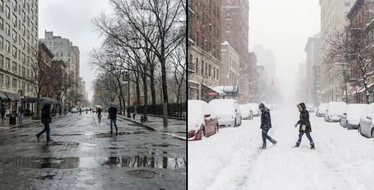 Vorher-Nachher-Vergleich einer Straße bei Regen und starkem Schneefall.