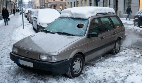 PKW mit dicker Schneelast auf dem Dach und vereister Frontscheibe im Stadtverkehr.